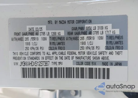 2025 Mazda Cx-90 3.3 Turbo Select Package z USA, uszkodzony, nr VIN JM3KKAHDXS1237387